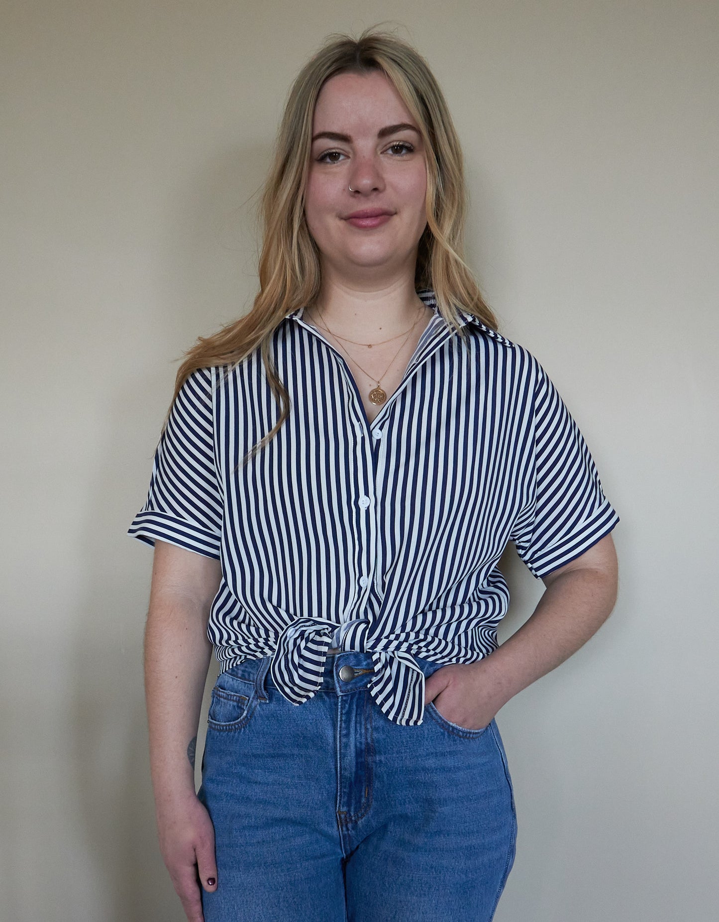 Striped Button Short Sleeve Blouse