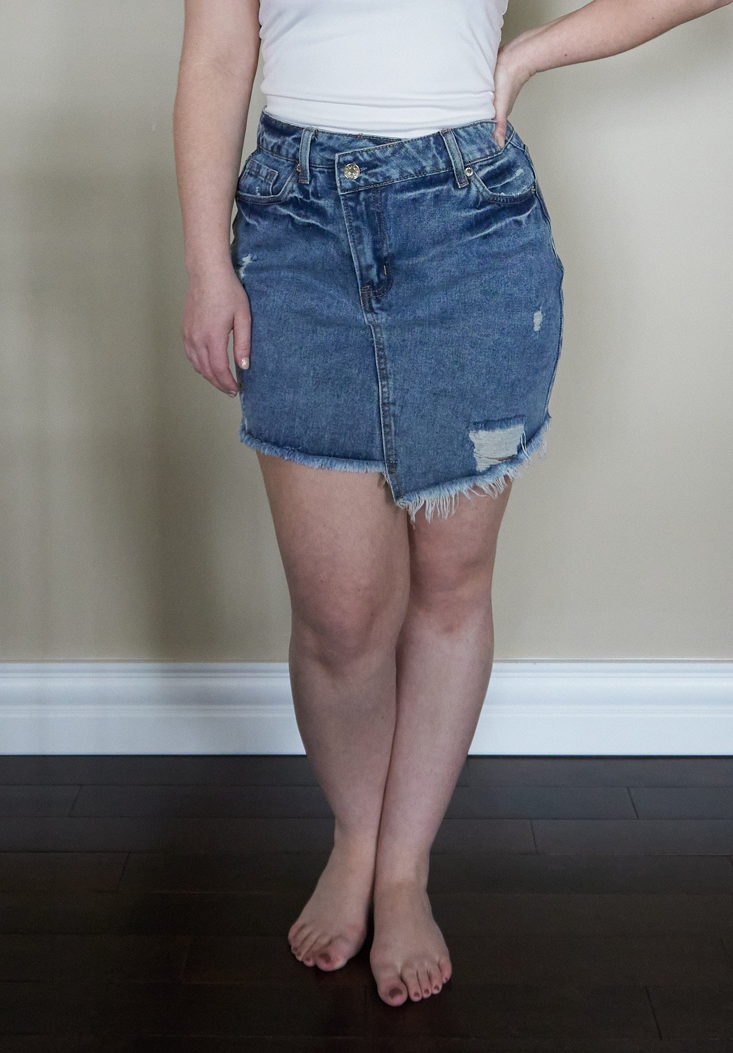 Diagonal Distressed Denim Skirt