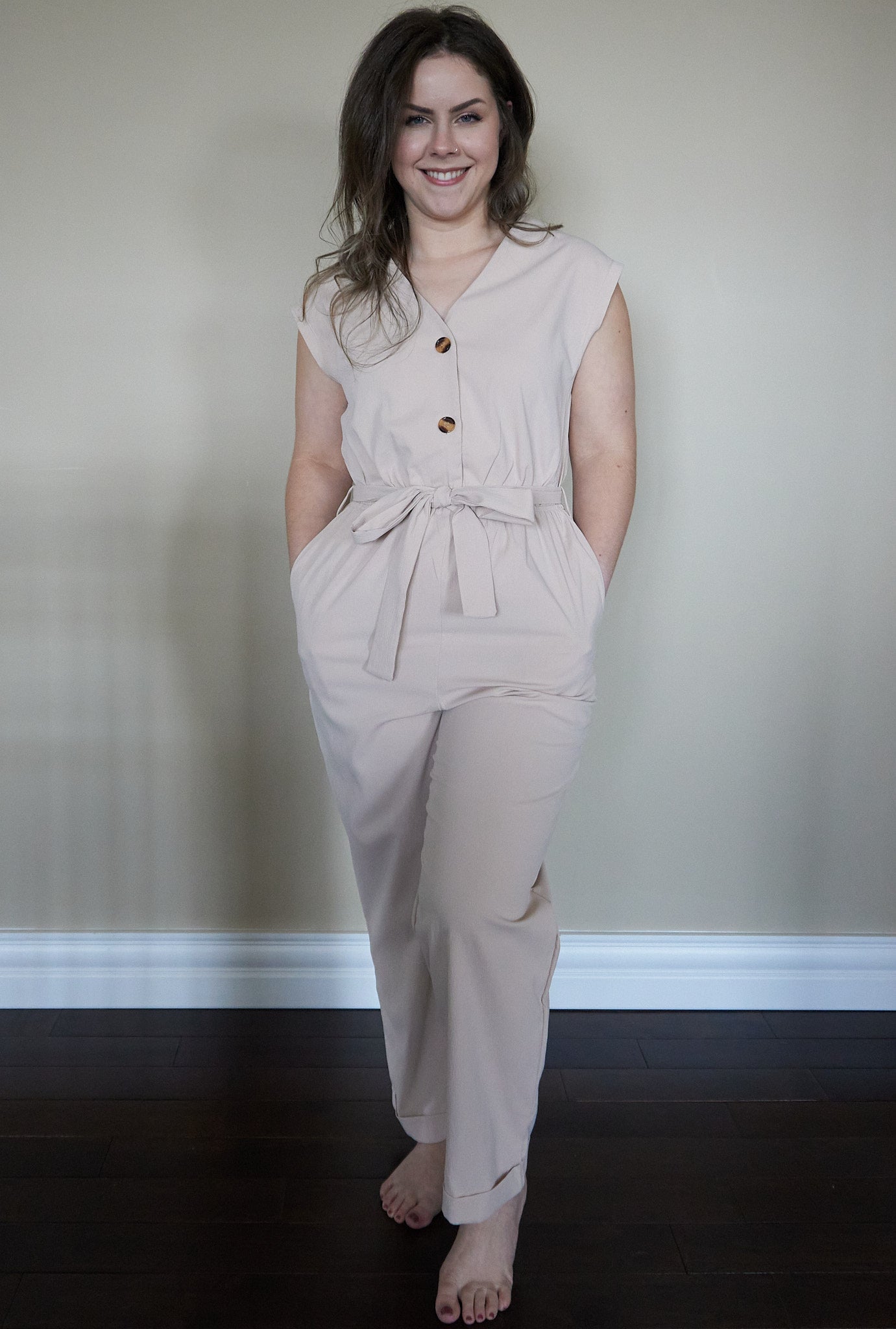 Buttoned V Neck Jumpsuit