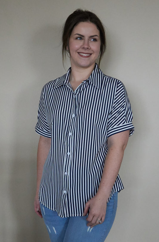 Striped Button Short Sleeve Blouse