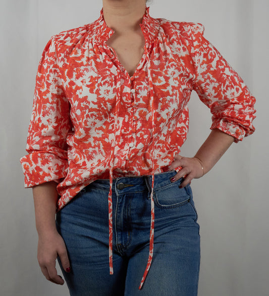 Red Floral V-Neck Blouse