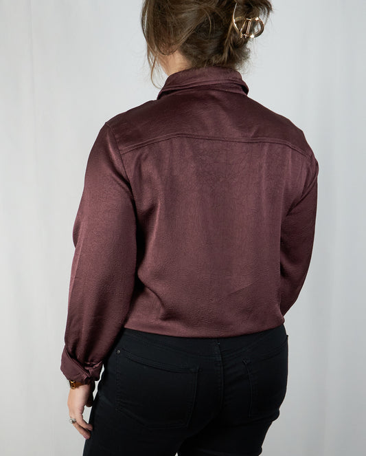 Textured Satin Shirt Bodysuit - Berry