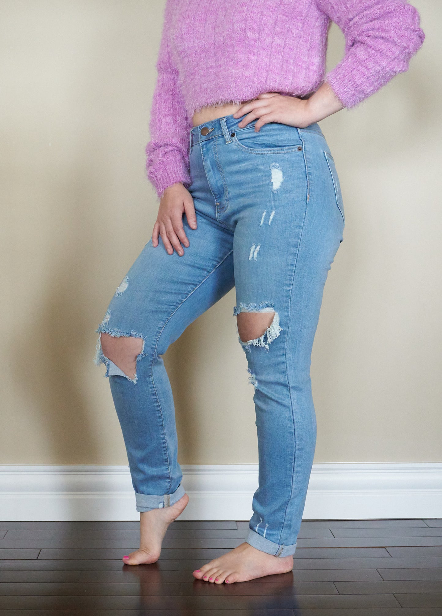 High Waist Distressed Girlfriend Jeans