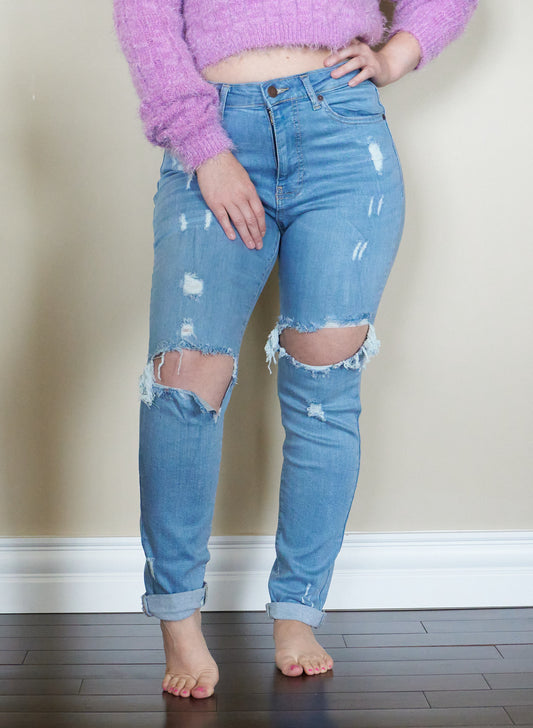 High Waist Distressed Girlfriend Jeans