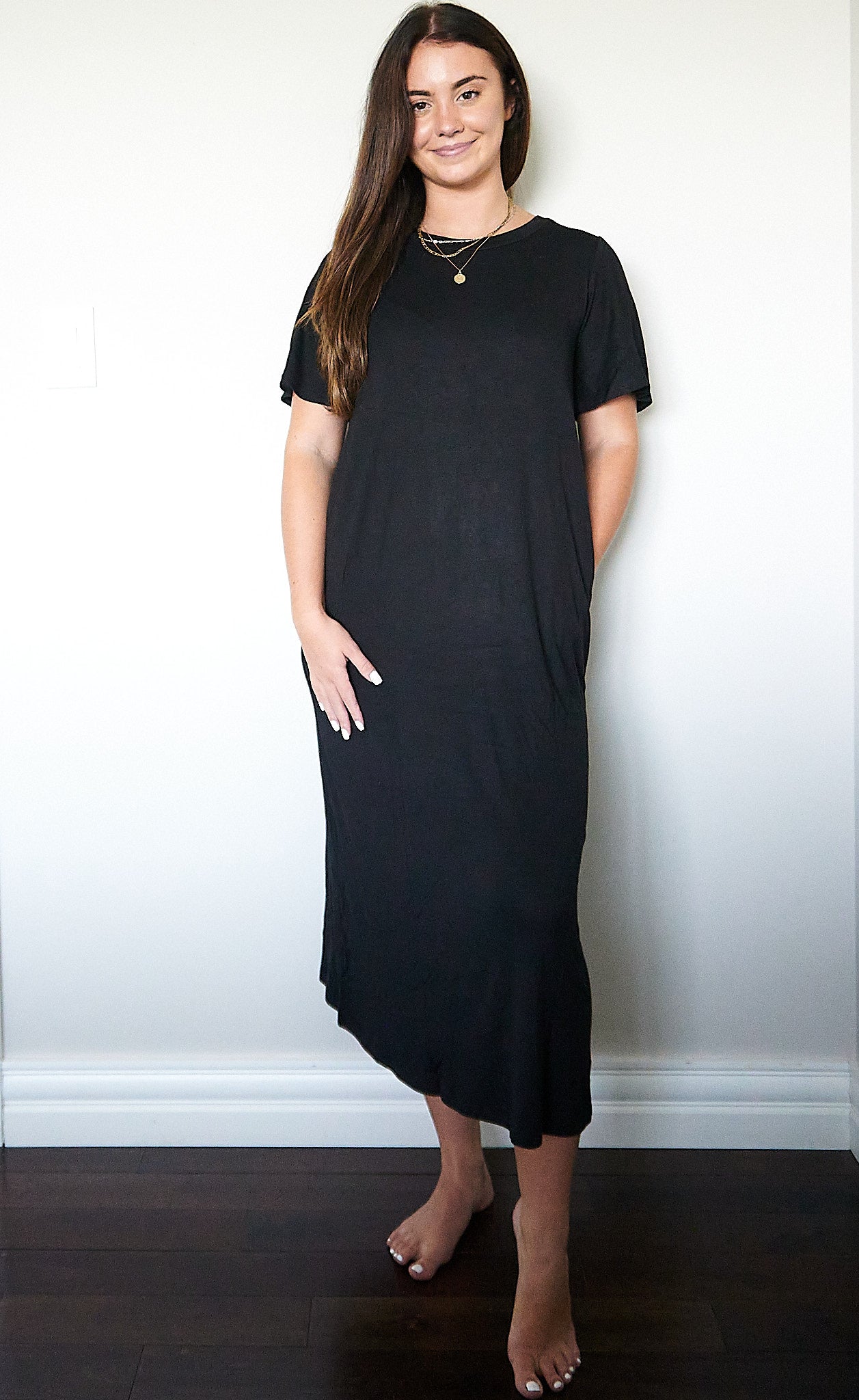 Short Sleeve Midi Dress with Pockets - Black