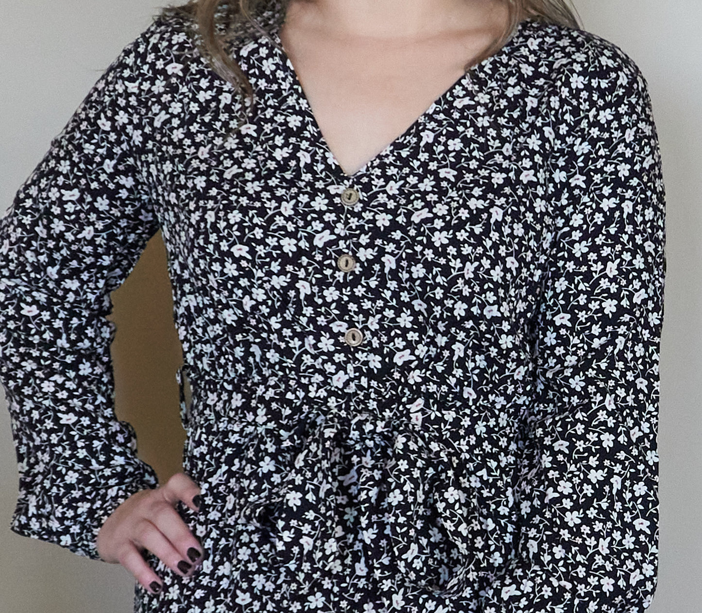 Long Sleeve Black Floral Midi Dress