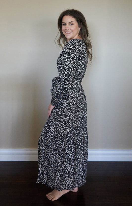 Long Sleeve Black Floral Midi Dress