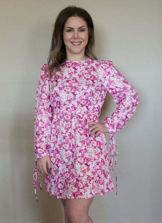 Long Sleeve Pink Flower Print Dress