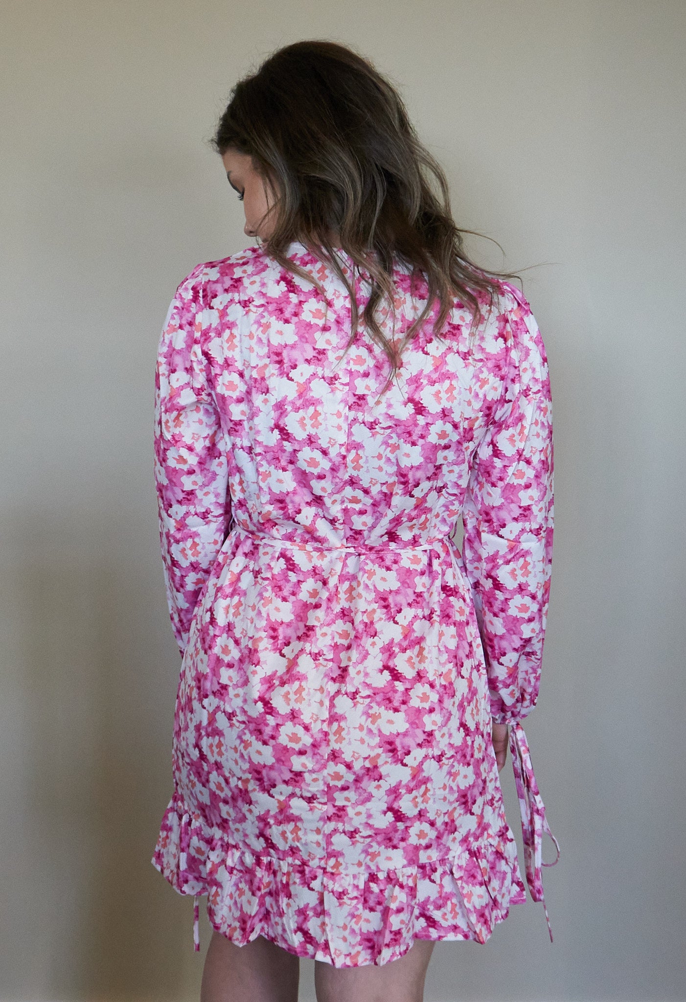 Long Sleeve Pink Flower Print Dress