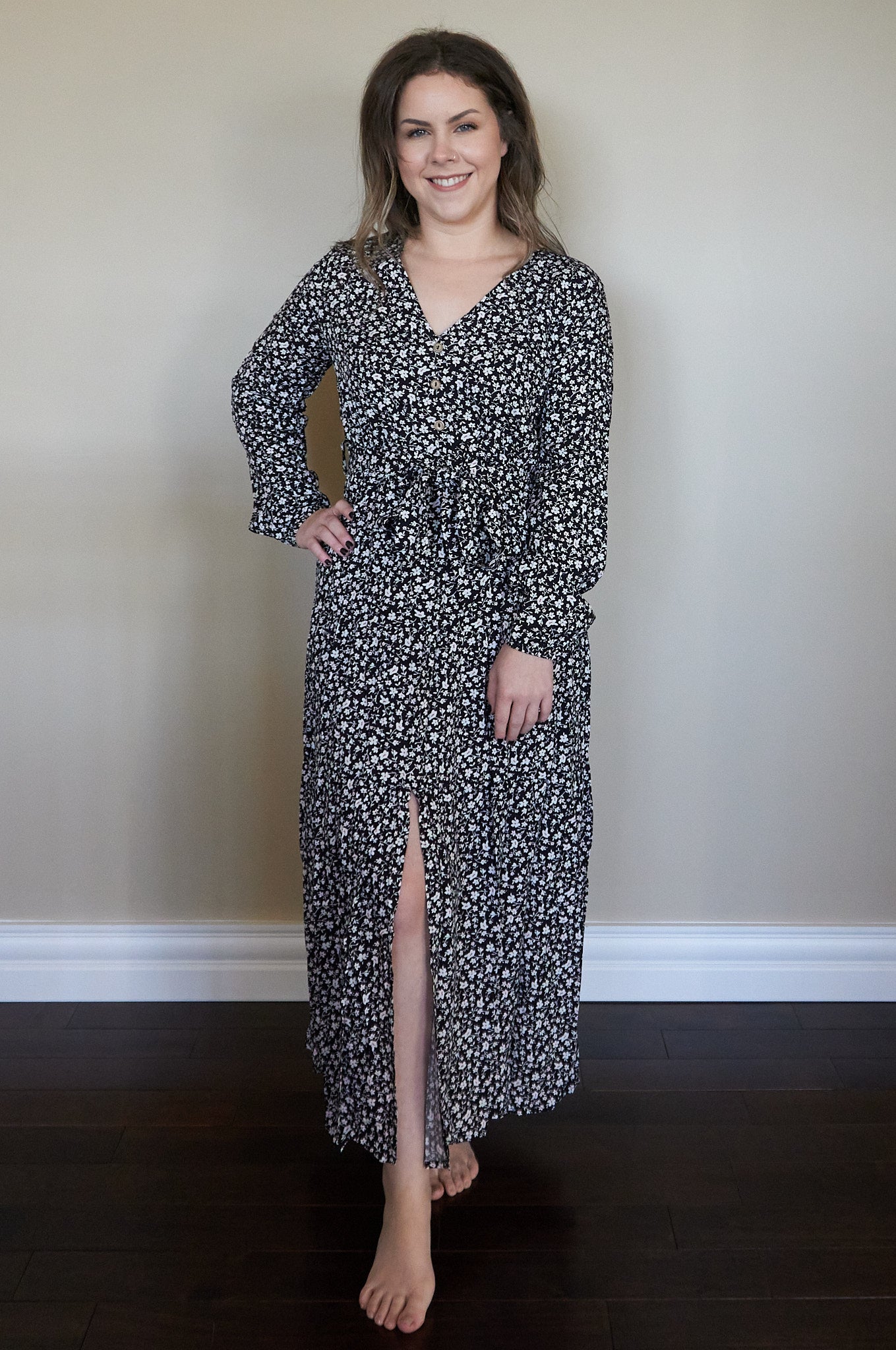 Long Sleeve Black Floral Midi Dress